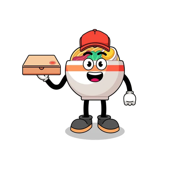 Noodle Bowl Illustration Pizza Deliveryman Character Design — Stock Vector