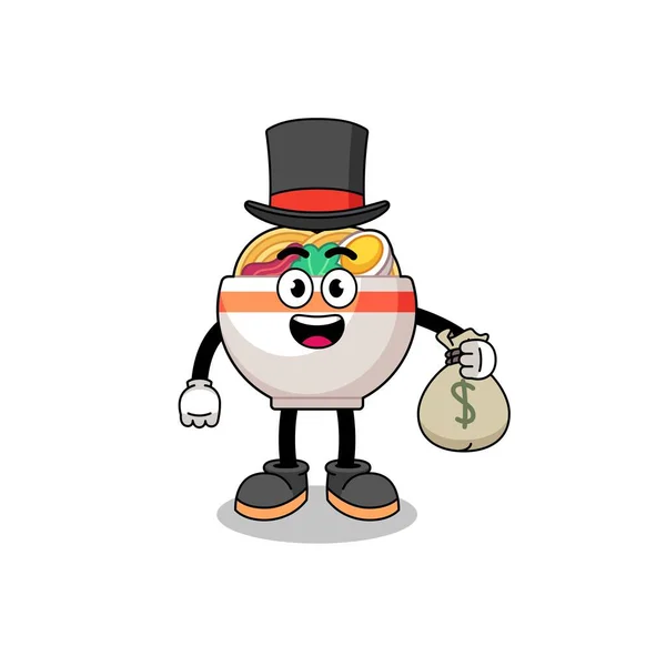 Noodle Μπολ Μασκότ Εικόνα Πλούσιος Άνθρωπος Κρατώντας Ένα Σάκο Χρήματα — Διανυσματικό Αρχείο