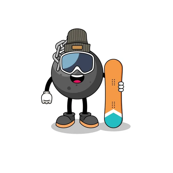Desenho Animado Mascote Jogador Snowboard Bola Demolição Design Personagem —  Vetores de Stock