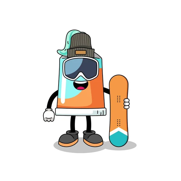 Mascotte Cartoon Van Tandpasta Snowboard Speler Karakter Ontwerp — Stockvector