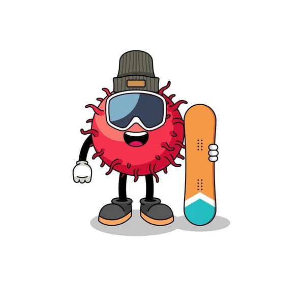 Mascot Cartoon Rambutan Fruit Snowboard Player Character Design — Stock Vector
