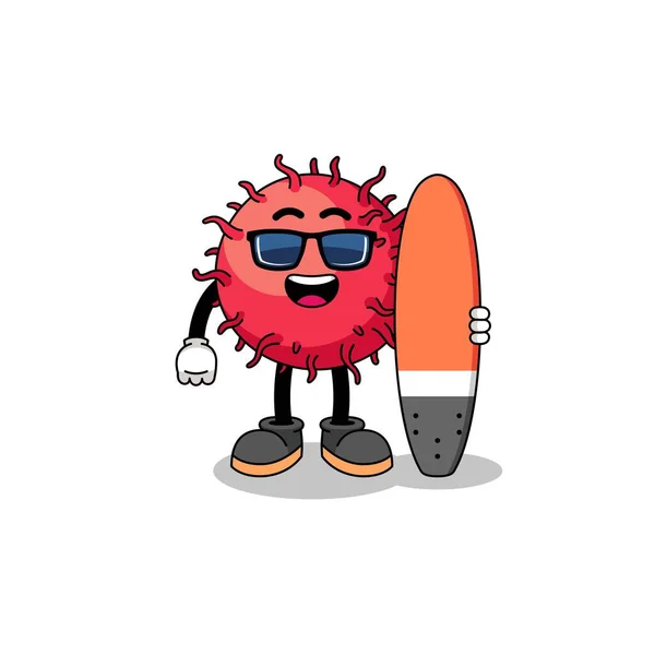 Cartone Animato Mascotte Frutta Rambutan Come Surfista Character Design — Vettoriale Stock