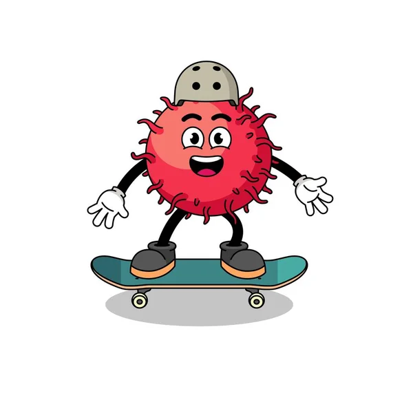 Rambutan Μασκότ Φρούτων Παίζει Ένα Skateboard Σχεδιασμό Χαρακτήρα — Διανυσματικό Αρχείο