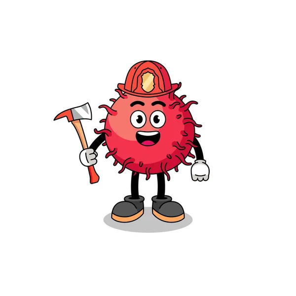 Mascote Dos Desenhos Animados Bombeiro Frutas Rambutan Design Personagem — Vetor de Stock