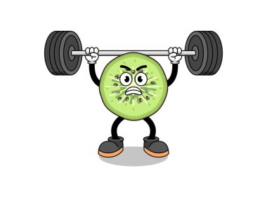 Dilimlenmiş kiwifruit maskot çizgi filmi halter kaldırıyor, karakter tasarımı