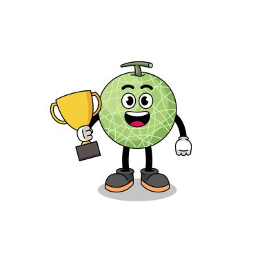 Çizgi film maskotu kavun meyvesi elinde bir kupa, karakter tasarımı