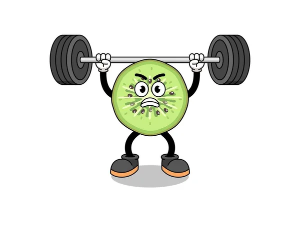 Sliced Kiwifruit Mascot Cartoon Lifting Barbell Character Design — Stock Vector
