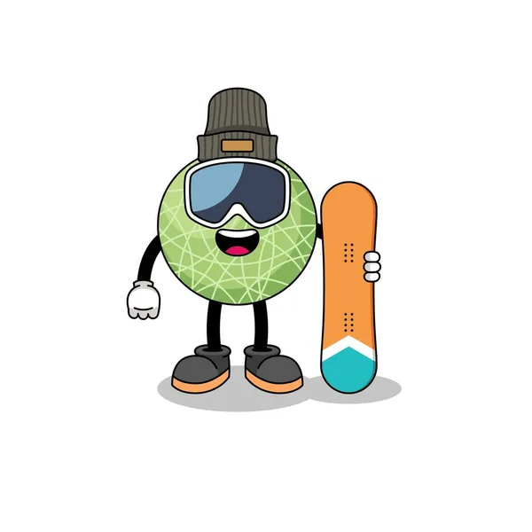 Maskot Kartun Dari Melon Buah Snowboard Player Desain Karakter - Stok Vektor