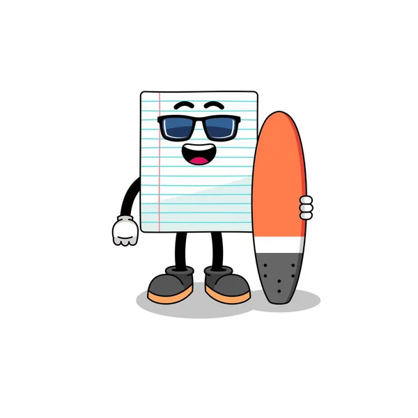 Karykatura Maskotka Papieru Jako Surfer Projekt Postaci — Wektor stockowy