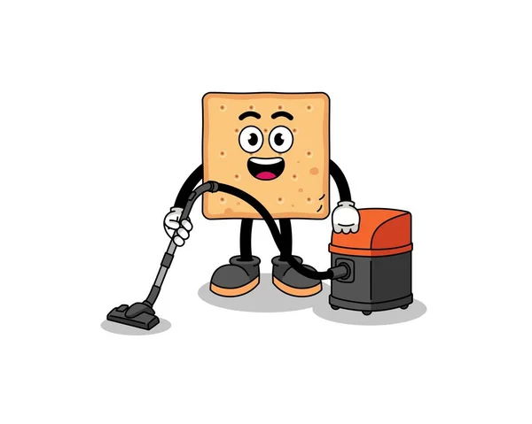 掃除機を持っている正方形のクラッカーのキャラクターマスコット キャラクターデザイン — ストックベクタ