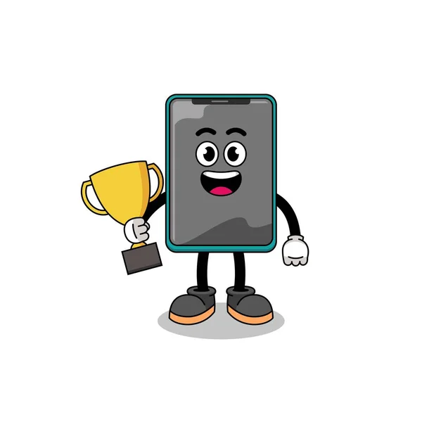 Kreslený Maskot Smartphonu Držící Trofej Charakter Designu — Stockový vektor