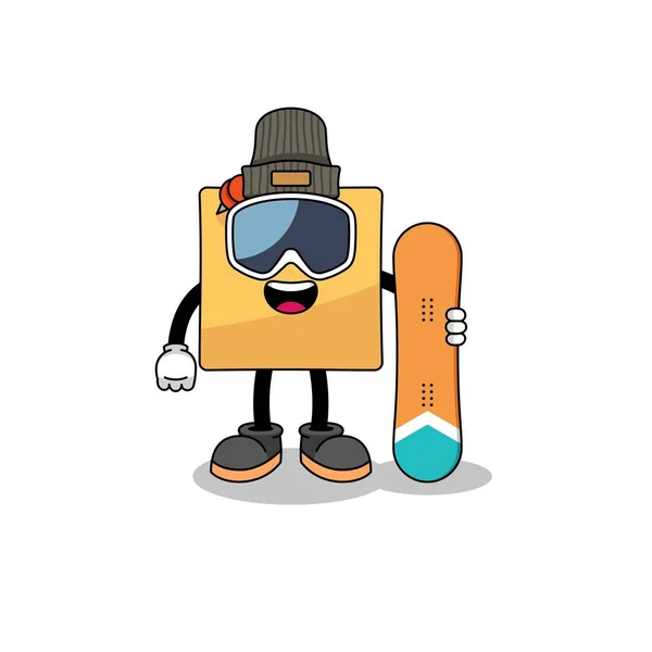 Caricatura Mascota Del Jugador Snowboard Nota Pegajosa Diseño Del Carácter — Vector de stock