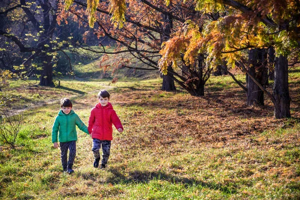 Two Boys Running Autumn Forest Two Sibling Brother Boys Best — Stock Photo, Image