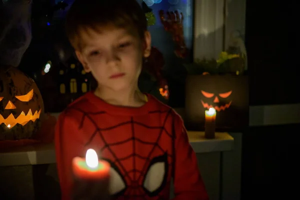 Boy Alone Halloween Candle Dark Room Selective Focus Low Light — Stockfoto
