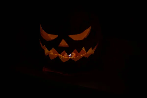 Halloween Dyniowy Uśmiech Przerażające Oczy Noc Party Zamknij Widok Przerażający — Zdjęcie stockowe