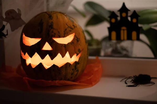 Halloween Kürbis Lächeln Und Gruselige Augen Für Die Partynacht Nahaufnahme — Stockfoto