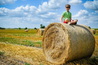 Küçük çocuk samanlıkta rahat rahat oturup meditasyon yapıyor. Mavi gökyüzünün altında hasattan sonra yuvarlak balyalarla dolu bir tarla. Büyük yuvarlak saman balyaları, demetler, saman yığınları.