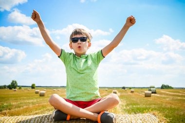 Küçük çocuk, elleri yukarıda, samanlıkta rahat bir şekilde oturuyor. Mavi gökyüzünün altında hasattan sonra yuvarlak balyalarla dolu bir tarla. Büyük yuvarlak saman balyaları, demetler, saman yığınları.