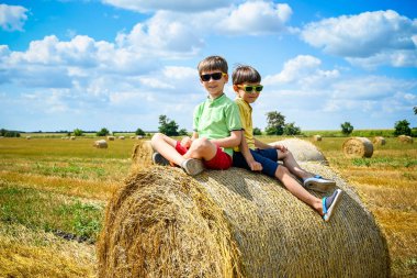İki küçük kardeş samanlıkta rahatça oturuyorlar. Mavi gökyüzünün altında hasattan sonra yuvarlak balyalarla dolu bir tarla. Büyük yuvarlak saman balyaları, demetler, saman yığınları. Tarım kavramı.