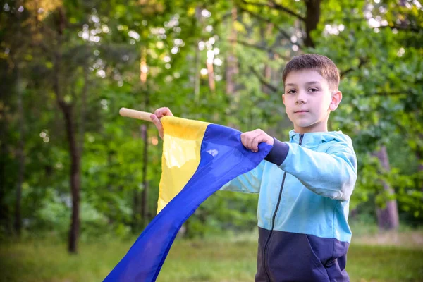 Ukraynalı Çocuk Elinde Bayrak Sallayarak Ukrayna Daki Savaşı Gün Batımında — Stok fotoğraf