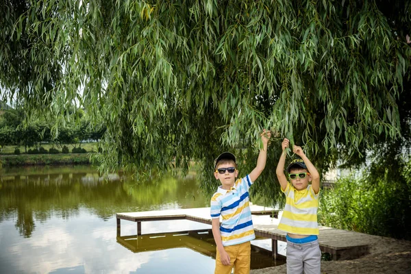 Kardeşlerim, kardeşlerim, sarılın. İki çocuk, büyük oğlan ve küçük kardeşi gölün kıyısında yaşlı ağacın yanında duruyorlardı. Yaz tatili kavramı. Doğada boş zaman..