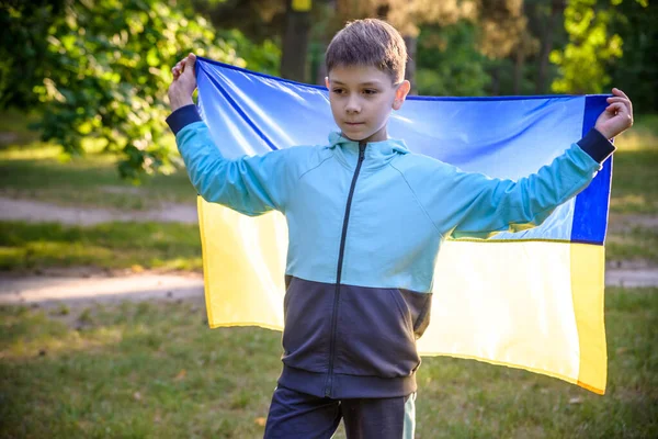 Bid Voor Oekraïne Jongen Met Oekraïense Vlag Die Het Zomerpark — Stockfoto