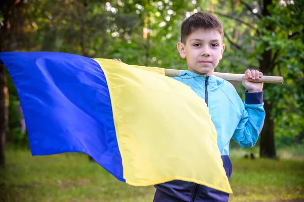 Garçon Ukrainien Avec Drapeau Agitant Priant Pour Arrêter Guerre Ukraine — Photo