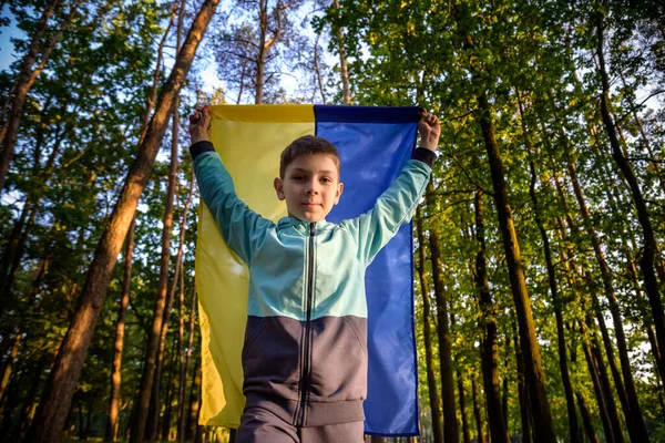 Preocupado Adolescente Patriota Usar Azul Amarelo Bandeira Ucraniana Seus Ombros — Fotografia de Stock
