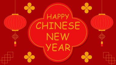 Çin fenerleri ve süslemeleri olan mutlu Çin Yeni Yılı geçmişi. Poster, el ilanları, takvimler, afişler, tebrik kartları, davetiyeler için mutlu yıllar..