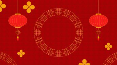 Çin fenerleri ve süslemeleri olan mutlu Çin Yeni Yılı geçmişi. Poster, el ilanları, takvimler, afişler, tebrik kartları, davetiyeler için mutlu yıllar..