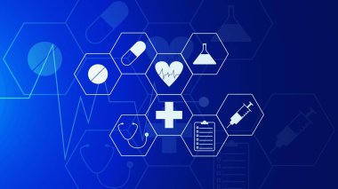 Healthcare and technology concept with icons. Minimal background for pharmaceutical industry, health care business, medicine, medical research and science. Vector illustration.