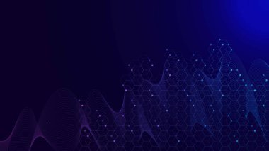 Altıgenler, parçacıklar ve dalga akış arkaplanı olan soyut noktalar ve doğrular. Moleküler yapı, dijital veri görselleştirme, teknoloji, kimya konsepti. Vektör illüstrasyonu.