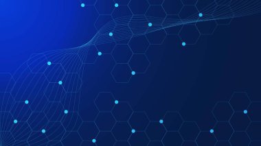 Soyut moleküler yapı ve sağlık ve tıp geçmişi için genetik mühendislik. Parçacık ve dalga akışıyla altıgen şekiller. Bilim ve teknoloji konsepti. Vektör illüstrasyonu.