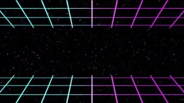 Karanlık arkaplanda hareket eden parçacıkların olduğu soyut ızgara neon animasyonu. Ağ kurmak için parlak ızgara hatları, büyük veri görselleştirme ve iletişim teknolojisi konsepti. 4K video