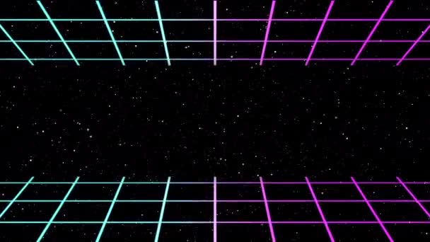 Abstract Grid Neon Animatie Met Bewegende Deeltjes Donkere Achtergrond Gloeiende — Stockvideo