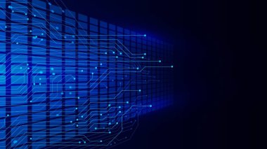 Elektronik devre kartı olan soyut ileri teknoloji ürünü bir teknoloji. Büyük veri görselleştirme, küresel ağ oluşturma ve dijital iletişim geçmişi. Vektör illüstrasyonu.