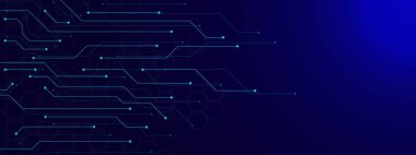 Dijital iletişim teknolojisi kavramı için soyut fütüristik devre kartı. Koyu mavi arka planda bilgisayar teknolojisi. Vektör illüstrasyonu.