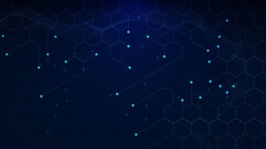 Parlayan parçacıklar ve dalga akışına sahip soyut altıgenler. Büyük veri görselleştirme, ağ bağlantısı ve iletişim. Bilim ve teknoloji konsepti. Vektör illüstrasyonu.
