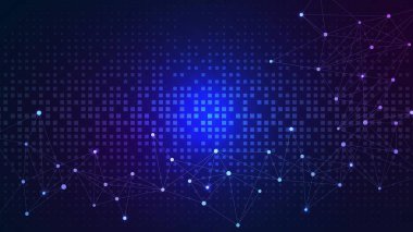 Soyut fütüristik teknoloji geçmişi. Büyük veri görselleştirmesi. Ağ bağlantısı, sosyal ağ ve iletişim konsepti için noktalar ve çizgiler birleştiriliyor. Vektör illüstrasyonu.