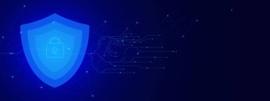 Ağ koruması ve siber güvenlik kavramı, kalkanları ve asma kilidi fütüristik çokgenlerde. Dijital küresel bağlantı arka planı. Vektör illüstrasyonu.