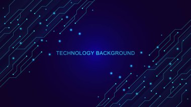 Mavi parlayan elektronik devre kartı teknolojisi. Scifi PCB veri transferi ve modern bilgisayar teknolojisi geçmişi. Vektör illüstrasyonu.