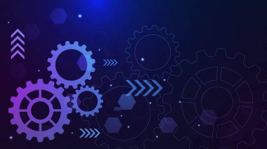 Dişli tekerleği ve altıgenli mavi teknoloji. Hi tech, fütüristik teknoloji ve mühendislik konsepti. Vektör illüstrasyonu.