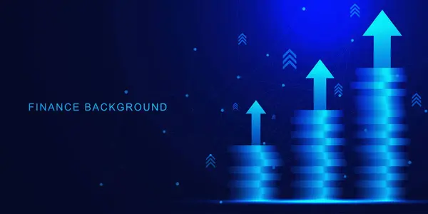 Oklu para yığını. Ekonomi finansmanı, gelir artışı, finansal yatırım ve koyu mavi arka planda iş büyüme kavramı. Vektör illüstrasyonu.
