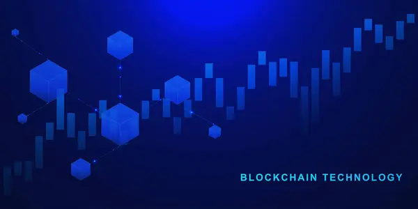 Şamdan grafik grafiği ve dijital bağlı bloğa sahip engelleme teknolojisi fütüristik teknoloji arka planında kriptografi ve işlem verileri içeriyor. Vektör illüstrasyonu.