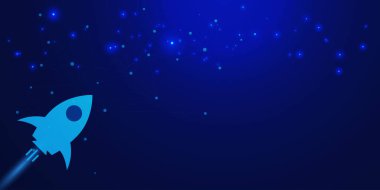 Roket fırlatma ve ağ bağlantısı ile iş kurma. Mavi teknoloji arka planında hedef başarısı ve destek konsepti. Vektör illüstrasyonu.