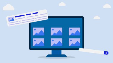 Web sitesi geliştirme ve web sayfası oluşturma süreci. Dijital pazarlama işi için SEO arama motoru optimizasyonu. Vektör illüstrasyonu.