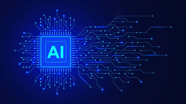 Koyu mavi arka planda mikroçip ve elektronik devre kartı olan yapay zeka kavramı. Makine öğrenme ve yüksek dijital teknoloji tasarımı. Vektör illüstrasyonu.