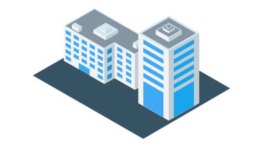 Beyaz arka planda izometrik tarzda izole edilmiş iki modern bina. Vektör illüstrasyonu.