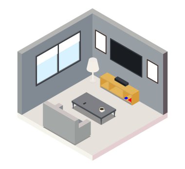 Kanepesi, masası, lambası ve televizyonu olan Isometric oturma odası. Beyaz arka planda gri duvarları ve cam pencereleri olan bir oda. Vektör illüstrasyonu