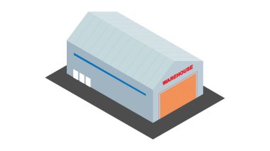 Beyaz arka planda izole edilmiş Isome modern depo. Lojistik, depo, nakliye, kargo taşımacılığı ve mal depolama konsepti. Vektör illüstrasyonu.